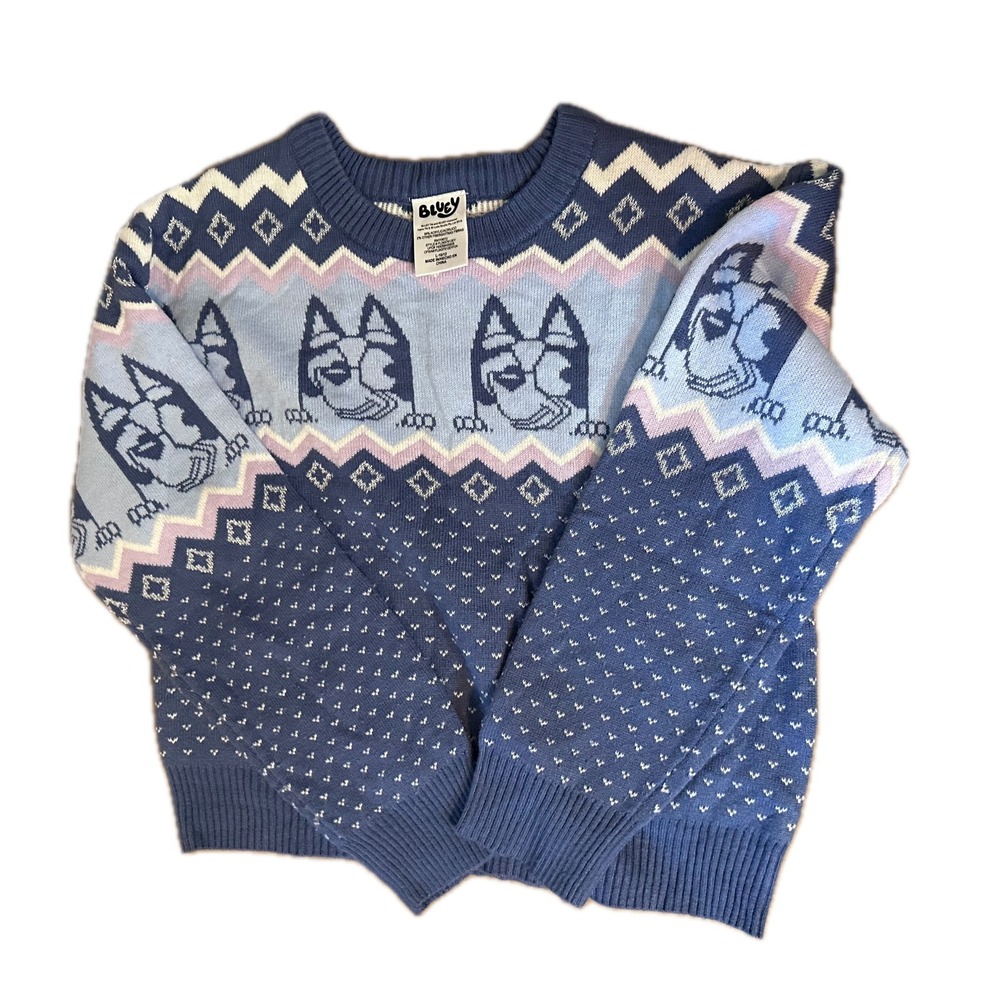 Bluey Kids Fair Isle Knit Sweater Blue Character Pullover Size L 10/12